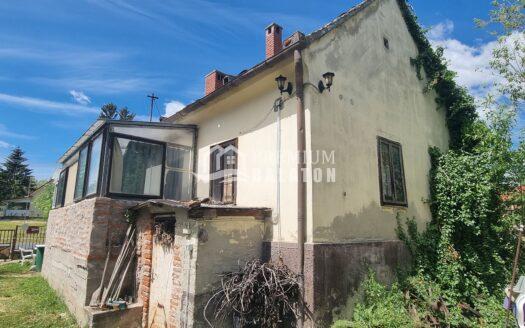 Deteriorating house exterior with peeling plaster, exposed brickwork, and ivy climbing the wall against a blue sky