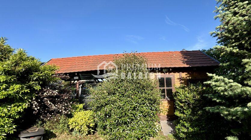 Clear blue sky overlooks a brick house with a red-tiled roof, surrounded by lush green shrubs and trees.