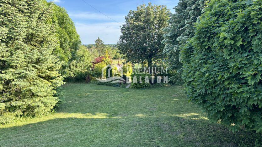 A well-kept green garden with tall trees on both sides and a neatly mowed lawn under a clear blue sky.