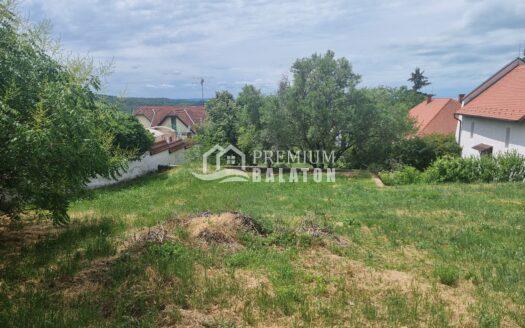 Suburban yard with green grass and shrubs in front of houses with orange-tiled roofs under a cloudy blue sky.